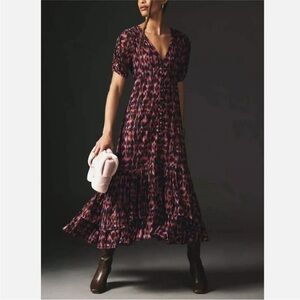 Anthropologie Printed Ruched Sleeve Maxi Button Front Dress Boho Women’s Small